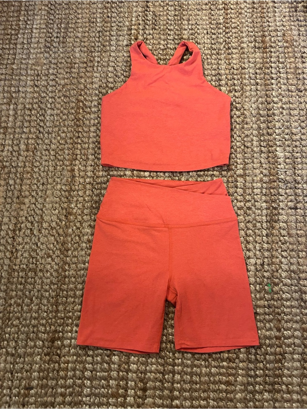 Beyond Yoga Set - Orange Bike Shorts and Cropped Tank